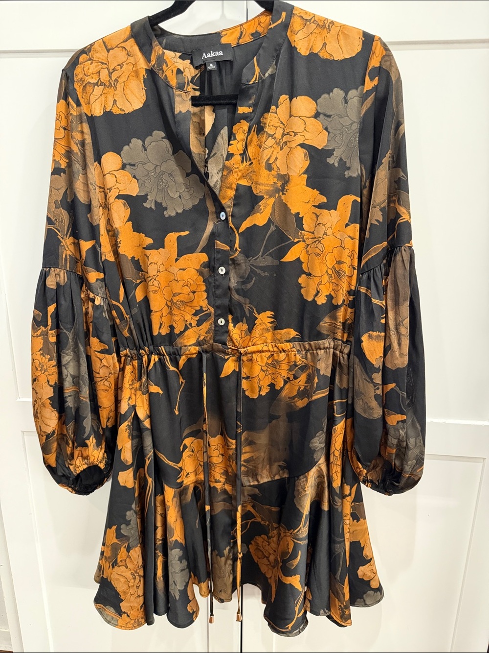Aakaa Black & Burnt Orange Fall Floral Button-Front Mini Dress - Small - Picture 8 of 8